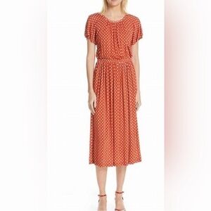 STINE GOYA Caitlin Midi Dress Polka Dots Red White Round Neck Jersey Size S